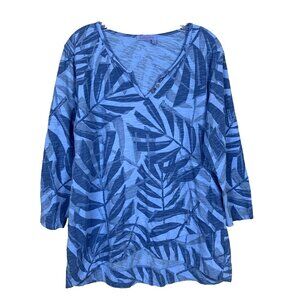 Fresh Produce Womens M Tunic Top Blue Tropical 3/4 Sleeve Palm Tree Print Henley
